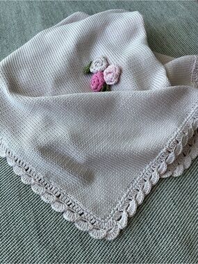 Hand-Knit Light Pink Baby Blanket with Crocheted Rose Accents - Made in Italy